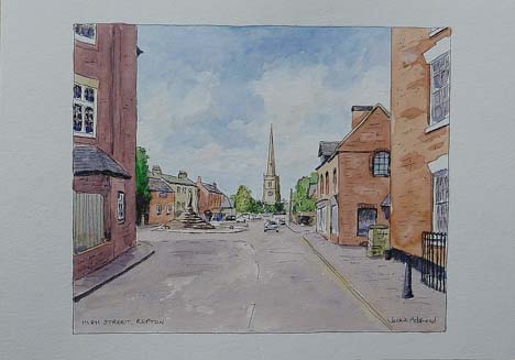 Church and Cross from Post Office, Repton - image 8.5 x 7 inches on thin white card 11.75 x 8.25 inches (A4 size)
